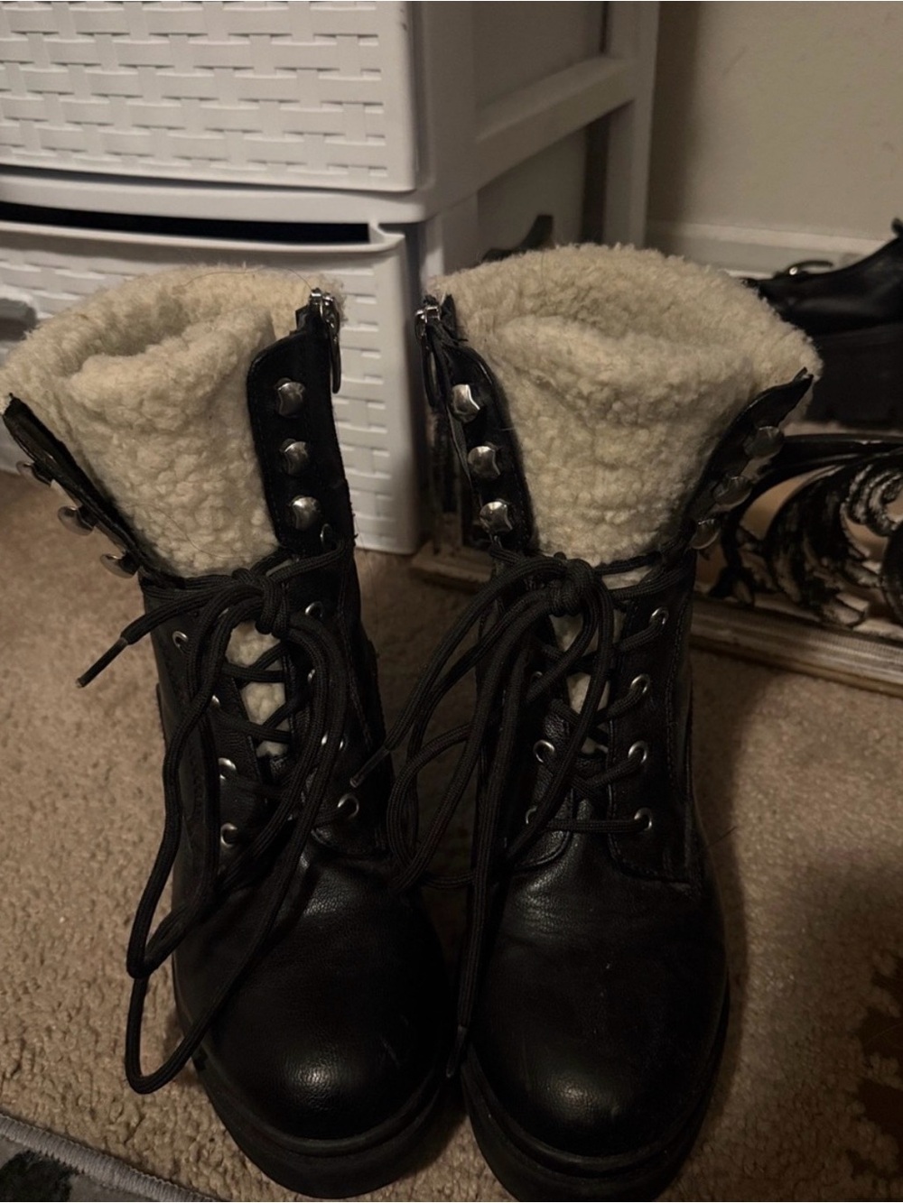 Nine West Black Lace-Up Ankle Boots with Cream Faux-Shearling Collar